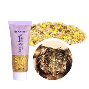 Mermaid Sequins Face Body Glitter Gel, Holographic Chunky Glitter Gel for Body, Hair, Face, Nail, Eyeshadow, Long Lasting Liquid Glitter Cream, Coachella Decorate Art Festival Party Makeup (02 Gold)