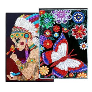 2Pack American Native Indian Woman and Butterfly Diamond Painting Notebook Leather Cover Journal Special Shaped Crystal Diamond Kits A5 Writing Dairy Plain Sketchbook 21x15CM