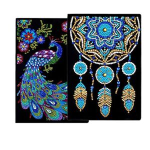 2Pack Blue Peacock and Dream Catcher Diamond Painting Notebook Leather Cover Journal Special Shaped Crystal Diamond Kits A5 Writing Dairy Plain Sketchbook 21x15CM