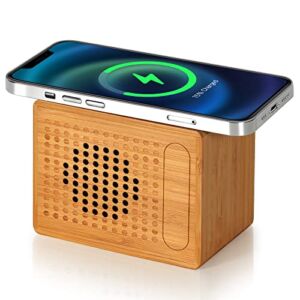 Bluetooth Speaker with Wireless Charger，10W Fast Wireless Charging，12-Hour Playtime，Handmade Bamboo Speakers，Small and Portable，HD Sound and Bass for iPhone ipad Android Smart Devices and More