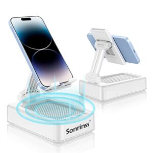 Cell Phone Stand with Wireless Bluetooth Speaker, Adjustable HD Surround Sound Cell Phone Speaker, Anti-Slip Phone Holder for Desk, Compatible with Any Smartphones, Suitable for Indoor/Outdoor, White