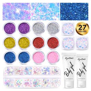 EYESEEK Holographic Body Glitter Total 160g Face Glitter Makeup Set Mix 16 Pack + 2 Pcs Body Glitter Glue Set Cosmetic Fine Hair Glitter Powder For Body,Nails And Face,Hair,Arts And Crafts