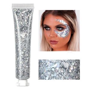 CCBeauty Body Glitter Gel, Face Glitters Body Gel Sequins Shimmer Liquid Eyeshadow, Chunky Glitter for Face Hair Nails, Holographic Cosmetic Laser Powder Festival Glitter Makeup,Silver
