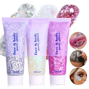 DAGEDA Body Glitter Gel, Face Glitters Body Gel Sequins Shimmer Liquid Eyeshadow, Chunky Glitter for Face Hair Nails, Holographic Cosmetic Laser Powder Festival Glitter Makeup (White,Silver and Pink)