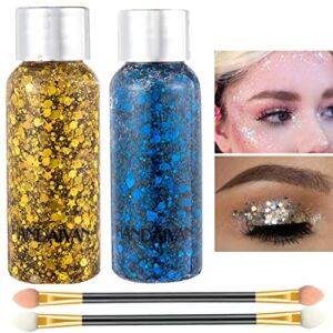 2 Color Body Glitter Gel Mermaid Scale Sequins Skin Long Lasting Sparkling Cream Eyeshadow Lip Nail Hair Painting Glitter Decorate Art Festival Party Make up Powder(Gold,Blue),with 2 Sponge Brush