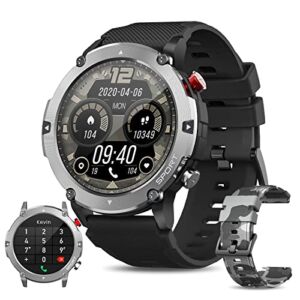 Military Smart Watch Men(Answer/Make Calls), 2022 Newest Bluetooth Smartwatch Compatible Android iPhone, Tough Rugged Outdoor Tactical Fitness Tracker with AI Voice/SpO2/Heart Rate/Sleep, Sliver