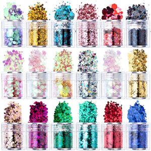 Aphlos Nail Art 18 Assorted Colors Holographic Glitters Different Size of Star And Hexagons Shaped for Resin Festival Chunky Cosmetic