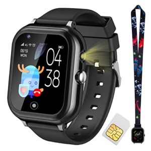 cjc 4G Smart Watch for Kids with SIM Card , Kids Phone Smartwatch GPS Position , Call Voice & Video Chat, SOS, WiFi, Music，Watch with Lanyard for Kids Children Students Ages 3-12 (Black)