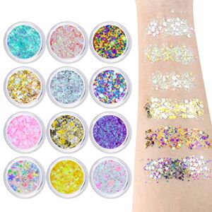 12 Colors Self-Adhesive Chunky Body Face Glitter – Sparkle Holographic Cosmetic Glitter for Hair Eyes Lip, Multicolored Makeup Palette for Festival Party Carnival, No Need Extra Glue¡­