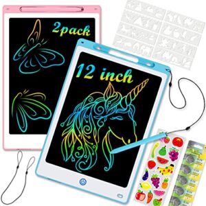 12 Inch LCD Writing Tablet for Kids, 2 PCS Reusable Toddler Drawing Board Colorful Screen Erasable Doodle Pad with Stylus Stencil, Educational Learning Toys Gifts for Girls Boys Age 3 4 5 6 7 8