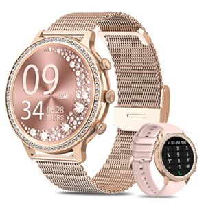 Smart Watches for Women with Diamonds (Answer/Make Call), 1.32” Bluetooth Smartwatch for Android Phones, Fitness Tracker with Heart Rate, Blood Oxygen, Sleep Monitor, Blood Pressure, Best Gifts Gold