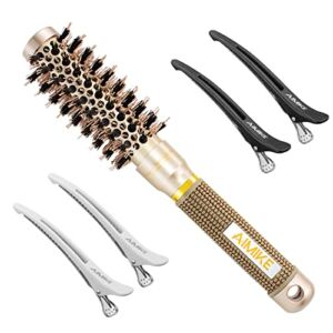 AIMIKE Round Brush, Nano Thermal Ceramic & Ionic Tech Hair Brush, Small Round Barrel Brush with Boar Bristles for Blow Drying, Styling, Curling and Shine (2 inch, Barrel 1 inch) + 4 Free Clips
