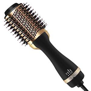 Hair Dryer Brush, FVW Hot Air Brush, Hair Dryer Styler & Volumizer 3-in-1 Brush for Hair Fast Drying, Straightening and Curling, 3-Adjustable Temperature and Speed, Golden