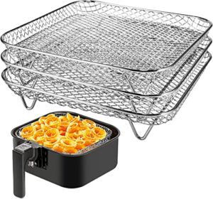 Air Fryer Rack compatible with Instant Vortex,Philips,COSORI Air Fryer,8‘’ Square Three Stackable Racks,Stainless Steel Multi-Layer Dehydrator Rack Fit all 4.2QT-5.8QT Air fryer Accessories