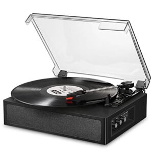 Donner Vinyl Record Player, Bluetooth Turntable for Vinyl Records with Built-in Speakers, 3-Speed, Treble & Bass Control, Belt-Driven Vintage Phonograph for Entertainment and Home Decoration, Black