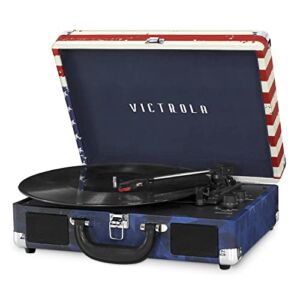 Victrola Vintage 3-Speed Bluetooth Portable Suitcase Record Player with Built-in Speakers | Upgraded Turntable Audio Sound| Includes Extra Stylus | American Flag (VSC-550BT-USA) Amercan