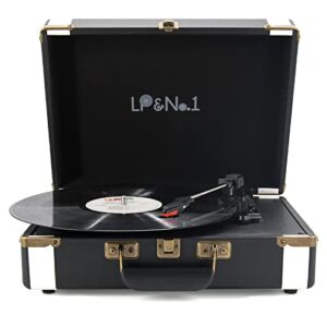 LP&No.1 Portable Suitcase Turntable with Stereo Speaker,3 Speeds Belt-Drive Vinyl Record Player,Black with White