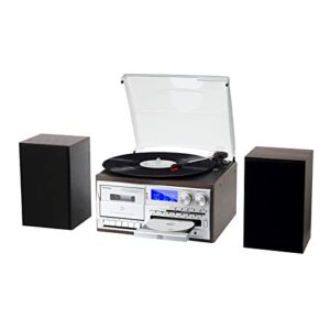 MUSITREND 10 in 1 Bluetooth Record Player, 3 Speed Turntable Vinyl Player with External Stereo Speakers, CD/Cassette Play, AM/FM Radio, USB/SD Encoding, Aux-in/RCA Line Out