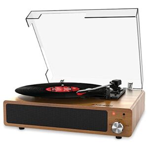 ANESOK Record Player, 3-Speed Bluetooth Turntable and Belt Drive Vinyl Player with Built-in Speakers, Aux-in, Headphone & RCA Jack, Natural Wood