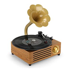 Asmuse Vinyl Record Player, Retro Turntable Bluetooth Vintage Gramophone Record Player with 2 Built in Stereo Speakers 3 Speed Brass Emboss Loudspeaker Supports Aux-in/USB/FM
