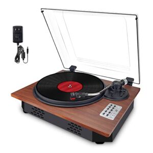 HONGUT Vinyl Record Player, 3 Speed Turntable with Bluetooth Built-in Speakers Record Player Vinyl USB Direct MP3 Recording Phonograph Player, Adjustment Counterweight Pitch Control, Brown