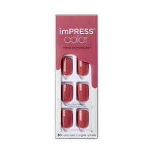 KISS imPRESS Color Polish-Free Solid Color Press-On Nails, PureFit Technology, Short Length, ‘Platonic Pink’, Includes Prep Pad, Mini Nail File, Cuticle Stick and 30 Fake Nails