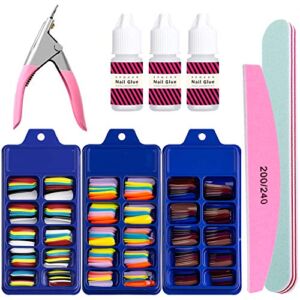 Colorful Fake Acylic Nail Tips Kit, 300PCS (3Boxes) Coffin Colored False Nails Set with nail Glue,Ballerina Professional Nail Art Set, Full Cover Stiletto Fake Nails, Nail Clipper, Nail Buffer