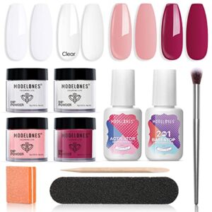 Modelones 10 Pcs Dip Powder Nail Kit Starter, 4 Colors Clear White Nude Pink Red Acrylic Dipping Powder System Liquid Set with 2-in-1 Base&Top Coat and Activator for French Nail Art Manicure DIY Salon