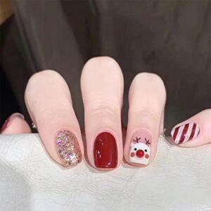 Press on Nails Medium Short Square, Christmas Deer Fake Nails with Design Red Glitter Acrylic False Nail Kits Stick Glue on Nails Sets for Women Reusable Full Cover Gel Nails for New Year Gift 24Pcs