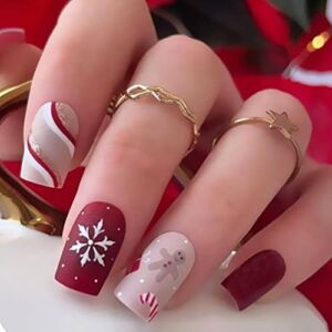 Christmas Press on Nails Short, Winter Snowflake Fake Nails, Square Shape Acrylic Nails, Cute Gingerbread Man Design New Year Red Pink Glossy False Nails Kit, 12 Size 24 Pcs