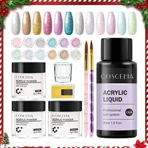 Acrylic Nail Kit for Beginners 3pcs Acrylic Powder Set with Acrylic Liquid Monomer 12 Colors Glitter Powder for Nail Extension Professional Nail kit Acrylic set with Everything DIY Home Christmas Gifts for Women