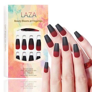 Laza 24pcs Colorful Fake Nails Long Ballet Ballerina Coffin Full Cover Gradient Color Long Matte Acrylic Nail Kits Sets with Glue Tabs Nail File Wood Stick for Daily Use – Black Red Gradual