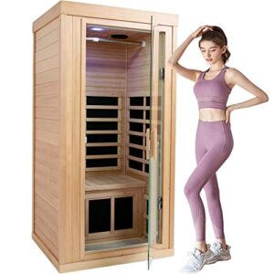 LTCCDSS 1 Person Infrared Sauna, Canadian Hemlock Wooden Far Infrared Sauna Room for Home, Indoor Saunas, LCD Display, Bluetooth Speakers, 1 LED Reading Lamp