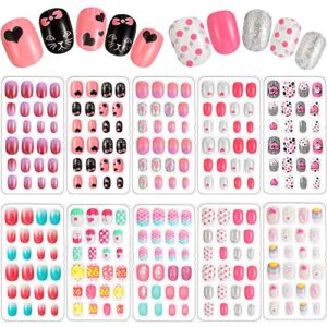 240 Pieces Children False Nails Kids Girls Press on Short Artificial Fake Nails Cute Pre Glue Full Cover Acrylic Nail Tip Kit for Children Little Girls Nail Decoration, 10 Boxes (Pink Heart)