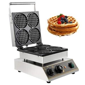 VBENLEM Commercial Round Waffle Maker 4pcs Nonstick Electric Waffle Maker Machine Stainless Steel 110V Temperature and Time Control Heart Belgian Waffle Maker Suitable for Restaurant Snack Bar Family