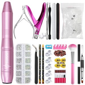 Subay Electric Nail Drill for Acrylic Gel Dip Nails, Professional Manicure Pedicure Tools Kit with Case, 500pcs Fake Nail Tips, Nail Rhinestones, Nail Tip Clipper, Cuticle Trimmer for Home Salon Use