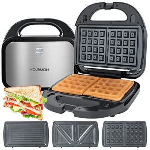 HOMEJOY Sandwich Maker Waffle Maker 3-in-1 Waffle lron, Non-stick Removable Plates, Smart Temperature Control, Stainless Steel, LED Indicator Lights, Cool Touch Handle, Easy Clean-up, Space Saving