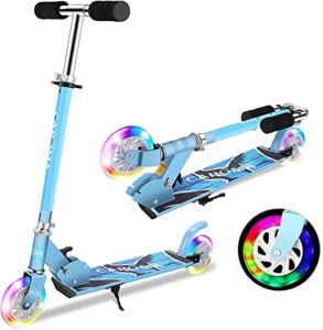 Caroma Scooter for Kids Ages 6-12, 4 Levels Adjustable Height Kick Scooters with 2 LED Light Up PU Flashing Wheels, Load 110lbs, Lightweight Folding Kids Scooter for Toddlers Boys Girls 3-12