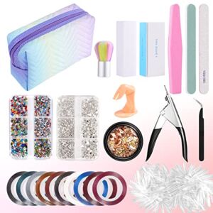 Nail Design Kit for Beginners, Nail Kit Set with Makeup Bag Includes 2 DIY Rhinestones & 1 Mixed Theme Rhinestones, 10-Colors Striping Tapes, 200PCS Acrylic Nails, 5 Nail Files for Over 200 Practicing, Girls, Teens, Women
