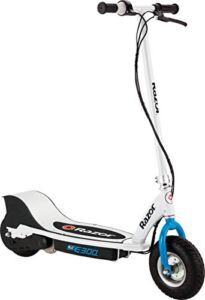 Razor E300 Electric Scooter – 9″ Air-filled Tires, Up to 15 mph and 10 Miles Range, White/Blue