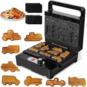 Car Mini Waffle Maker Waffle Iron for Kids 8 Different Cars Shaped Waffles in Minutes, with Timer Knob 2 IN 1 Electric Non-Stick Breakfast Pancake Maker with Removable Plates, Fun Gift for Kids Family