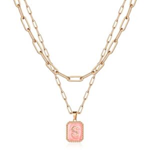 Camiraft 18K Gold Initial Monogram Necklaces for Women Trendy-A-Z Letter Paperclip Chain Necklace With Enamel Crystal Pink Pendant-Gold Layered Initial Chocker Necklaces for Women Teen Girls
