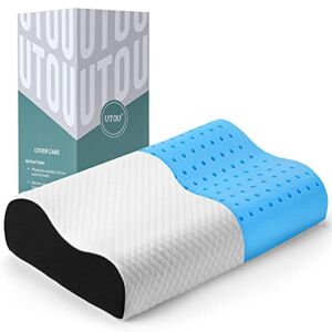 Contour Memory Foam Pillow, Neck Pillows for Pain Relief Sleeping, Cooling Gel Ventilated Cervical Pillow, Ergonomic Two Heights Bed Pillow for Side, Back and Stomach Sleepers, Standard, White, Grey
