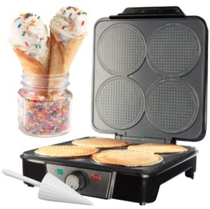 Mini Waffle Ice Cream Cone Maker – Bake 4 Homemade Mini Cones at Once, Includes Shaper Roller – Make Fun Bite Sized Entertaining Desserts for Holiday Parties, Special Occasions and Gift Giving Treats