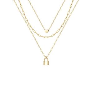 Layered Paperclip Necklace Heart Choker Necklace Lock Pendant Necklace for Women 14K Real Gold Plated