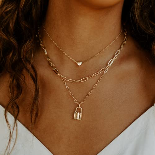 Layered Paperclip Necklace Heart Choker Necklace Lock Pendant Necklace for Women 14K Real Gold Plated | The Storepaperoomates Retail Market - Fast Affordable Shopping