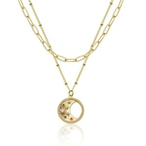 Fettero Layered Necklace Set Gold Paperclip Chain Choker Open Coin Disc Moon and Star Pendant Rainbow Diamond Cubic Zirconia 14K Gold Plated Dainty Satellite Chain Simple Jewelry for Women