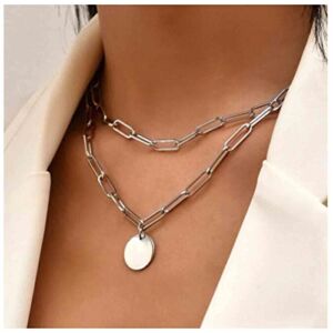 Yheakne Boho Layered Disc Necklace Silver Paperclip Chain Choker Necklace Vintage Coin Pendant Necklace Punk Chunky Chain Necklace Jewelry for Women and Girls (Silver)
