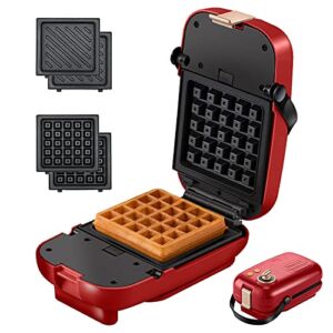 Auertech Sandwich Waffle Maker, 650W 2 in 1 Portable Mini Sandwich Maker Panini Press Grill with, Indicator Lights, Cool Touch Handle, Detachable Non-stick Plates, 0-15 Mins Adjustable Timer (Red)