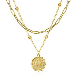 Layered Zodiac Necklaces for Women Girls 18K Gold Plated Paperclip Constellation Beads Chain Necklace Personalized Disk Coin Leo Choker Necklace Handmade Layering Jewelry with Meaning Card (Leo (23 Jul – 22 Aug))